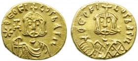 Theophilus (829-842), Solidus, Syracuse, AD 829-830; AV (g 3,61; mm 16; h 6); *ΘEOFI - LOS bASIL, crowned bust facing, wearing chlamys, holding cross ...