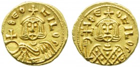 Theophilus (829-842), Solidus, Syracuse, AD 831-842; AV (g 3,81; mm 16; h 6); ΘEO - FILOS, crowned bust facing, wearing chlamys, holding globe crucige...