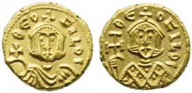 Theophilus (829-842), Solidus, Syracuse, AD 831-842; AV (g 3,70; mm 15; h 6); ΘEO - FILOS, crowned bust facing, wearing chlamys, holding globe crucige...