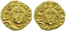 Theophilus (829-842), Semissis, Syracuse, AD 831-842; AV (g 1,74; mm 12; h 6); ΘEO - CILOS, crowned bust facing, wearing chlamys, holding globe crucig...