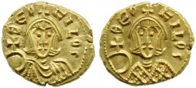 Theophilus (829-842), Semissis, Syracuse, AD 831-842; AV (g 1,73; mm 13; h 6); ΘEO - FILOS, crowned bust facing, wearing chlamys, holding globe crucig...
