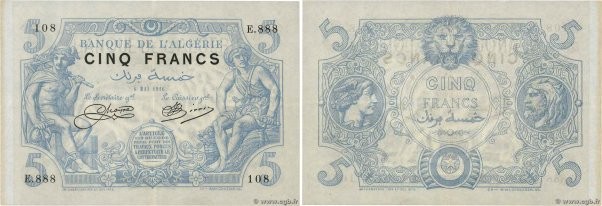Country : ALGERIA 
Face Value : 5 Francs 
Date : 06 mai 1916 
Period/Province/Ba...