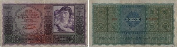 Country : AUSTRIA 
Face Value : 500000 Kronen 
Date : 20 septembre 1922 
Period/...