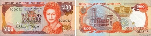 Country : BERMUDA 
Face Value : 100 Dollars Petit numéro 
Date : 20 février 1989...