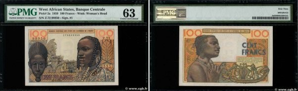 Country : WEST AFRICAN STATES 
Face Value : 100 Francs 
Date : 23 avril 1959 
Pe...