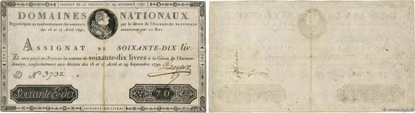 Country : FRANCE 
Face Value : 70 Livres 
Date : 29 septembre 1790 
Period/Provi...