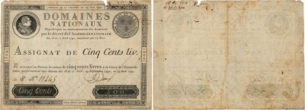 Country : FRANCE 
Face Value : 500 Livres 
Date : 19 juin 1791 
Period/Province/...