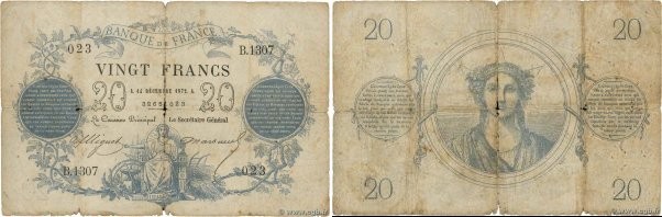Country : FRANCE 
Face Value : 20 Francs type 1871 
Date : 14 décembre 1872 
Per...
