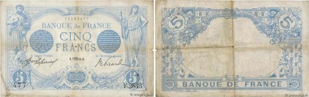 Country : FRANCE 
Face Value : 5 Francs BLEU 
Date : 07 août 1913 
Period/Provin...