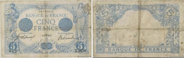 Country : FRANCE 
Face Value : 5 Francs BLEU 
Date : 18 avril 1914 
Period/Provi...