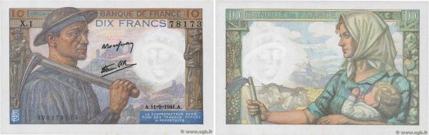 Country : FRANCE 
Face Value : 10 Francs MINEUR 
Date : 11 septembre 1941 
Perio...