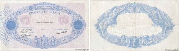 Country : FRANCE 
Face Value : 500 Francs BLEU ET ROSE 
Date : 29 juillet 1929 
...