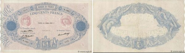 Country : FRANCE 
Face Value : 500 Francs BLEU ET ROSE 
Date : 05 mars 1931 
Per...