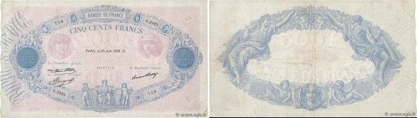 Country : FRANCE 
Face Value : 500 Francs BLEU ET ROSE 
Date : 25 juin 1936 
Per...