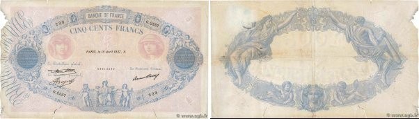 Country : FRANCE 
Face Value : 500 Francs BLEU ET ROSE 
Date : 15 avril 1937 
Pe...