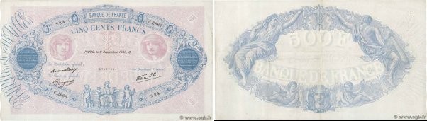 Country : FRANCE 
Face Value : 500 Francs BLEU ET ROSE modifié 
Date : 09 septem...