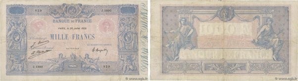 Country : FRANCE 
Face Value : 1000 Francs BLEU ET ROSE 
Date : 29 juillet 1925 ...