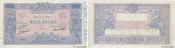 Country : FRANCE 
Face Value : 1000 Francs BLEU ET ROSE 
Date : 17 août 1926 
Pe...