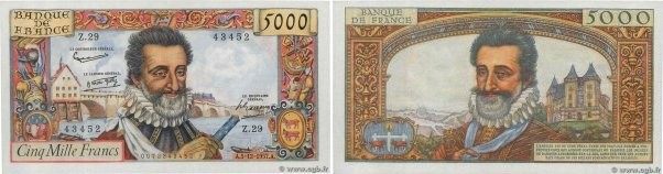 Country : FRANCE 
Face Value : 5000 Francs HENRI IV 
Date : 05 décembre 1957 
Pe...