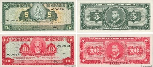 Country : NICARAGUA 
Face Value : 5 et 10 Cordobas Petit numéro 
Date : 1968 
Pe...