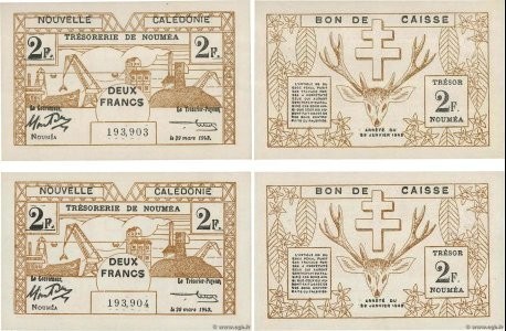 Country : NEW CALEDONIA 
Face Value : 2 Francs Consécutifs 
Date : 29 mars 1943 ...