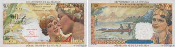 Country : REUNION ISLAND 
Face Value : 20 NF sur 1000 Francs 
Date : (1967) 
Per...