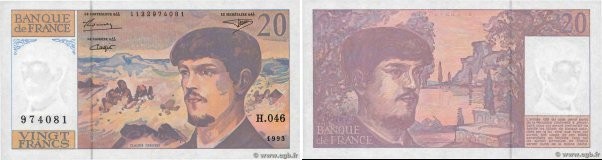 Country : FRANCE 
Face Value : 20 Francs DEBUSSY à fil de sécurité 
Date : 1993 ...