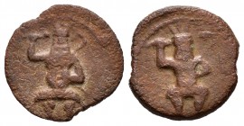 Ebusus. 1/4 calco. 200-100 a.C. Ibiza. (Abh-928). (Acip-720). (C-26). Rev.: Bes con martillo y serpiente. Ae. 2,06 g. BC. Est...60,00. English: Ebusus...