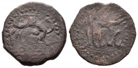 Ebusus. Semis. 20 a.C. Ibiza. (Abh-947 variante). (Acip-761). Anv.: Ebusus de frente con serpiente y martillo, a su izquierda letras púnicas "Aleph" y...