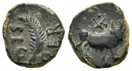 Segobriga. Cuadrante. 27 a.C.-14 d.C. Saelices (Cuenca). (Abh-2184). (Acip-3241). Anv.: Palma, alrededor SEG-OBR. Rev.: Toro a derecha, encima X entre...