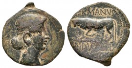 Octaviano. AE. 10 a.C. Galia. (Rcp-506). (Ric-249). Anv.: Cabeza diademada a derecha. Rev.: GERMANVS (I)NDV(TILLO). Toro embistiendo a izquierda. Ae. ...