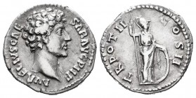 Marco Aurelio. Denario. 148 d.C. Roma. (Spink-4787). (Ric-438b). (Seaby-608). Rev.: TR POT II COS II. Minerva de pie a derecha con lanza y escudo. Ag....