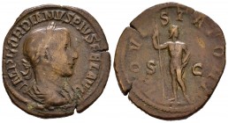 Gordiano III. Sestercio. 241-243 d.C. Roma. (Spink-8710). (Ric-298a). Rev.: IOVI STATORI SC. Júpiter en pie, con cetro y haz de rayos . Ae. 18,65 g. B...