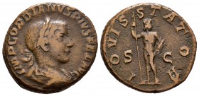 Gordiano III. Sestercio. 241 d.C. Roma. (Spink-8711). Rev.: IOVIS STATOR SC. Júpiter en pie con cetro y haz de rayos . Ae. 10,01 g. Escasa. BC+. Est.....