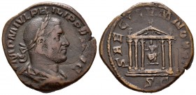 Filipo I. Sestercio. 248 d.C. Roma. (Spink-9015). Rev.: SAECVLVM NOVVM S C. Templo de ocho columnas, en su interior estatua de Roma sentada . Ae. 14,3...