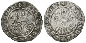 Fernando e Isabel (1474-1504). 1/2 real. Sevilla. (Cal 2008-477 variante). (Lf-E6.4.9 variante). Ag. 1,53 g. Con S en anverso y dos puntos en reverso....
