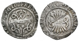 Fernando e Isabel (1474-1504). 1/2 real. Sevilla. (Cal 2008-469 variante). Ag. 1,61 g. Con S y estrella en anverso. Nombres de los reyes en reverso. P...