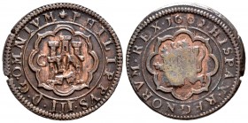 Felipe III (1598-1621). 4 maravedís. 1602. Segovia. C. (Cal-252). Ae. 5,83 g. Acuñaciones del Real Ingenio. Resello de 6 maravedís. MBC+. Est...20,00....
