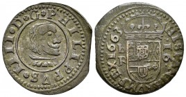 Felipe IV (1621-1665). 16 maravedís. 1663. Burgos. R. (Cal 2019-440). (Jarabo-Sanahuja-M4). Ae. 4,37 g. Busto grande. Final de riel. MBC+. Est...25,00...