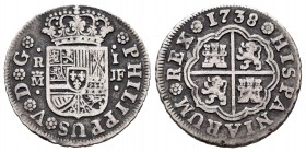 Felipe V (1700-1746). 1 real. 1738. Madrid. JF. (Cal 2019-454). Ag. 2,73 g. BC+. Est...40,00. English: Philip V (1700-1746). 1 real. 1738. Madrid. JF....