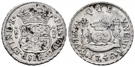 Felipe V (1700-1746). 2 reales. 1746. México. M. (Cal 2019-836). Ag. 6,53 g. Oxidaciones limpiadas. MBC-. Est...80,00. English: Philip V (1700-1746). ...
