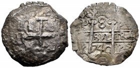 Felipe V (1700-1746). 8 reales. 1740. Potosí. P. (Cal 2019-1579). Ag. 21,59 g. Oxidaciones marinas en anverso. BC/MBC-. Est...130,00. English: Philip ...