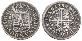 Fernando VI (1746-1759). 1 real. 1754. Madrid. JB. (Cal 2019-178). Ag. 2,87 g. MBC-. Est...20,00. English: Ferdinand VI (1746-1759). 1 real. 1754. Mad...