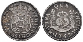 Fernando VI (1746-1759). 2 reales. 1749. México. M. (Cal 2019-288). Ag. 6,39 g. BC+. Est...40,00. English: Ferdinand VI (1746-1759). 2 reales. 1749. M...