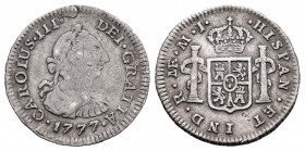 Carlos III (1759-1788). 1/2 real. 1777. Lima. MJ. (Cal 2019-133). Ag. 1,65 g. Hojita en anverso. MBC-. Est...25,00. English: Charles III (1759-1788). ...