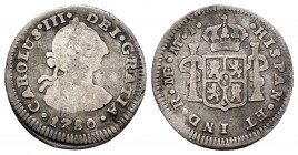 Carlos III (1759-1788). 1/2 real. 1780. Lima. MJ. (Cal 2019-136). Ag. 1,55 g. BC. Est...25,00. English: Charles III (1759-1788). 1/2 real. 1780. Lima....