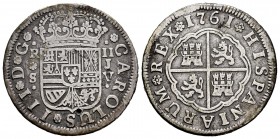Carlos III (1759-1788). 2 reales. 1761. Sevilla. JV. (Cal 2019-773). Ag. 5,40 g. Golpe de punzón en anverso. BC+. Est...25,00. English: Charles III (1...