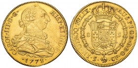 Carlos III (1759-1788). 8 escudos. 1772. Sevilla. CF. (Cal 2008-251). (Cal 2019-2181). (Cal onza-954). Au. 26,98 g. Sin punto entre ensayadores. Aguje...