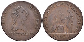 Carlos IV (1788-1808). Medalla de proclamación. 1789. Barcelona. (H-11, como plata). 9,74 g. Módulo 4 reales. Bronce. 31 mm. Escasa. MBC+. Est...55,00...
