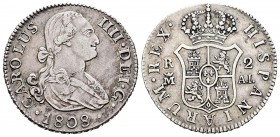 Carlos IV (1788-1808). 2 reales. 1808. Madrid. AJ. (Cal 2019-619). Ag. 5,87 g. MBC. Est...50,00. English: Charles IV (1788-1808). 2 reales. 1808. Madr...